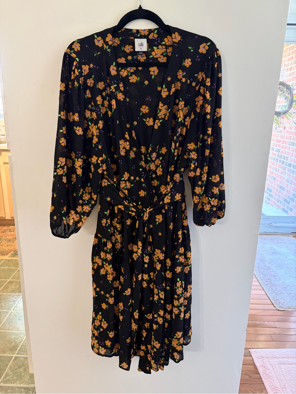 CAbi Black Wrap Dress with Yellow Floral Print